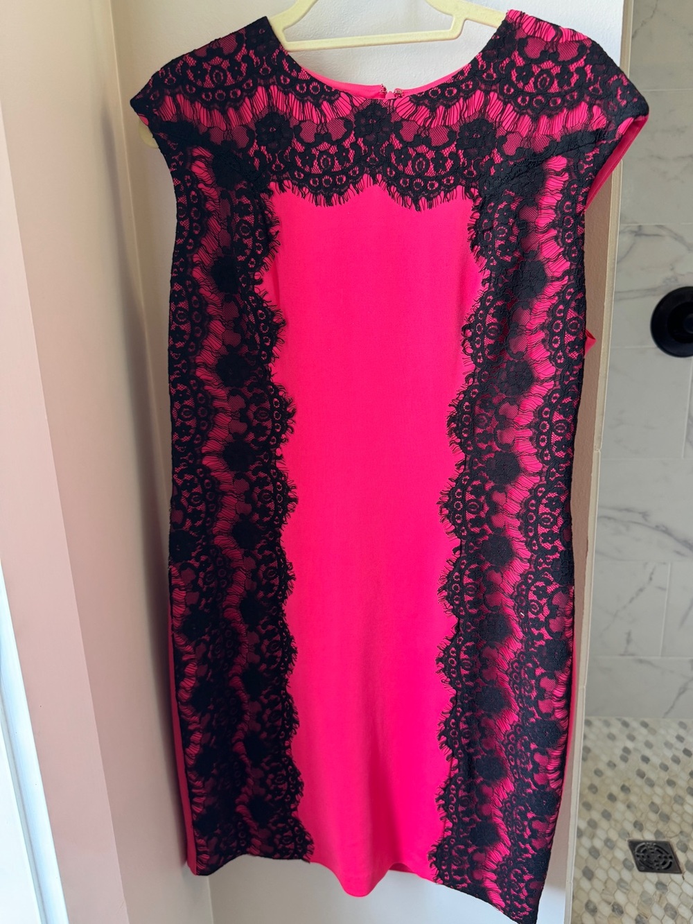 INC International Concepts Hot Pink Midi Dress with Black Lace Trim